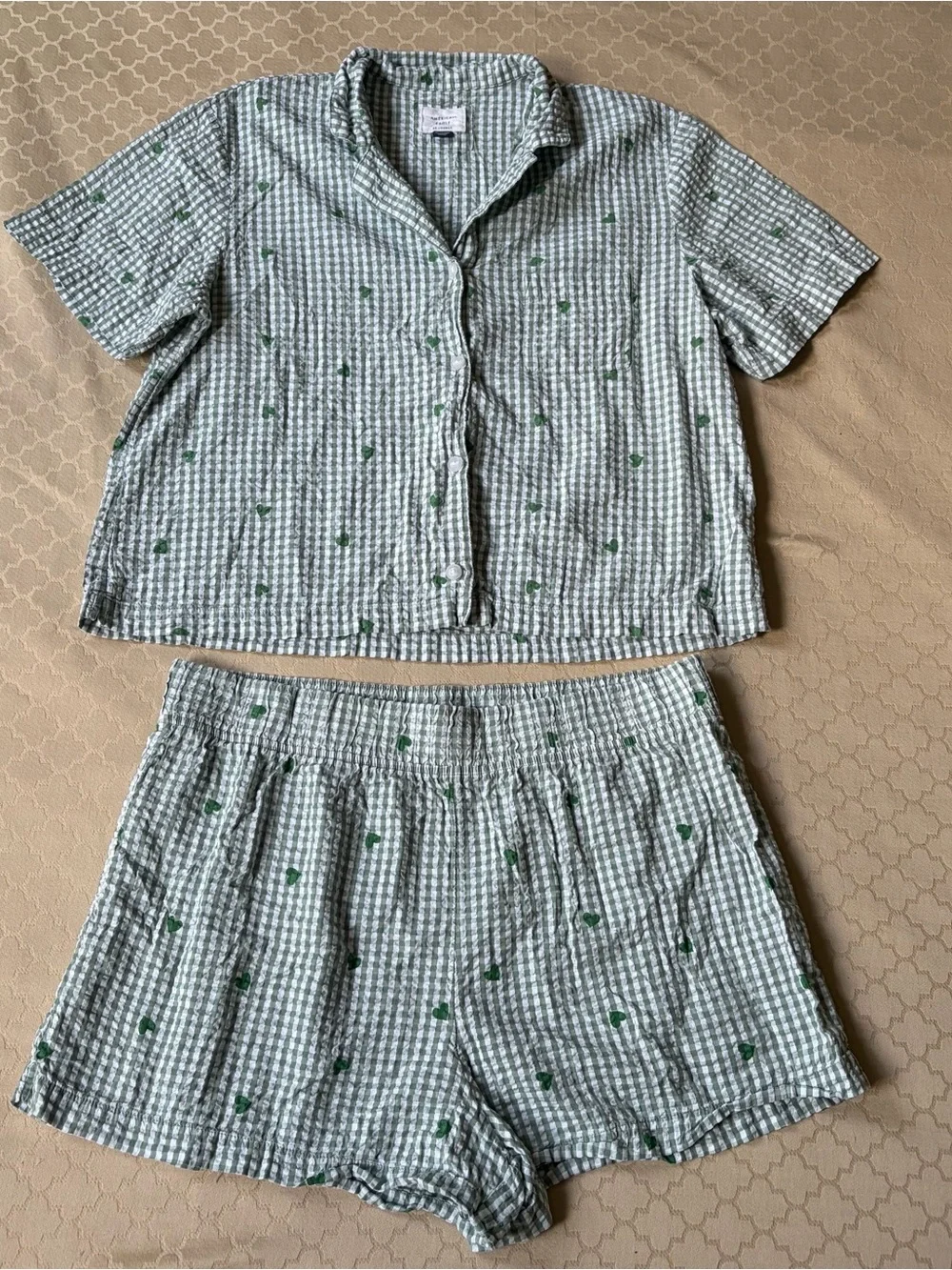 American Eagle Green Gingham Plaid Heart Cotton Pajama Lounge Set Size XL